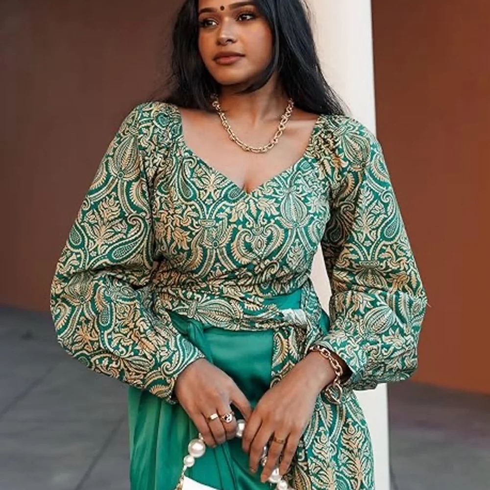 Fitted Green and Gold Wrap Blouse - Picture 1 of 9